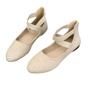 Xfvqtps Ladys Single Shoes Suede Surface Elastic Ankle Strap Soft Sole Pointy Toe Flats Bottom Ballet Rear Ankle Zipper Shoes New Large Size Shallow Mouth Elastic Flat Shoes Beige
